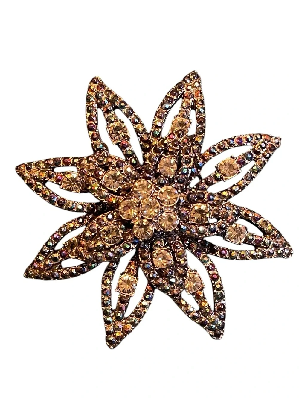Vintage Multi-Tiered Gunmetal Oil Slick Rhinestone Flower Brooch